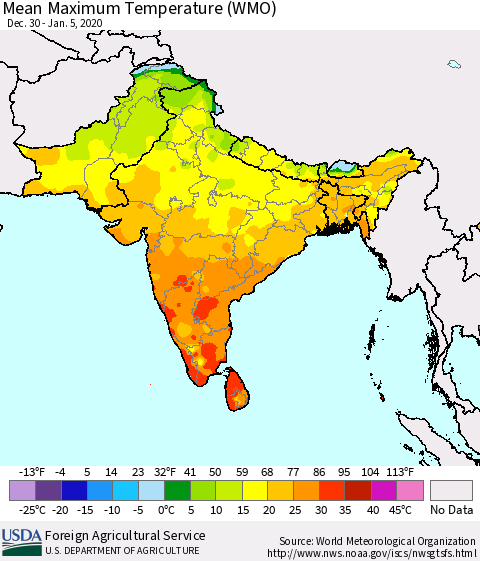Southern Asia Maximum Temperature (WMO) Thematic Map For 12/30/2019 - 1/5/2020