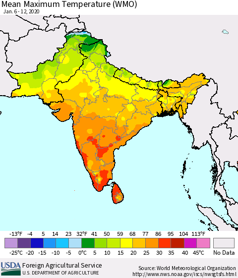 Southern Asia Maximum Temperature (WMO) Thematic Map For 1/6/2020 - 1/12/2020