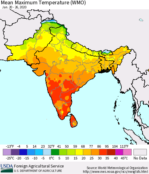 Southern Asia Maximum Temperature (WMO) Thematic Map For 1/20/2020 - 1/26/2020