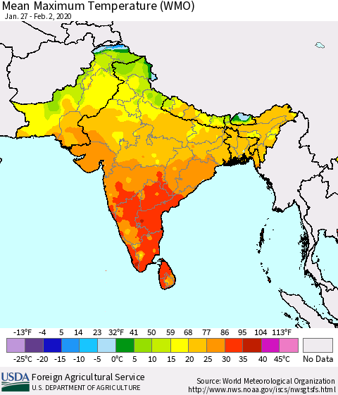 Southern Asia Maximum Temperature (WMO) Thematic Map For 1/27/2020 - 2/2/2020