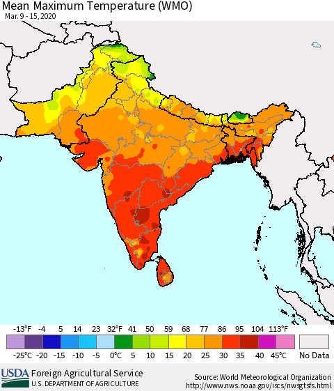 Southern Asia Maximum Temperature (WMO) Thematic Map For 3/9/2020 - 3/15/2020