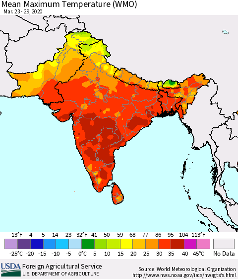 Southern Asia Maximum Temperature (WMO) Thematic Map For 3/23/2020 - 3/29/2020