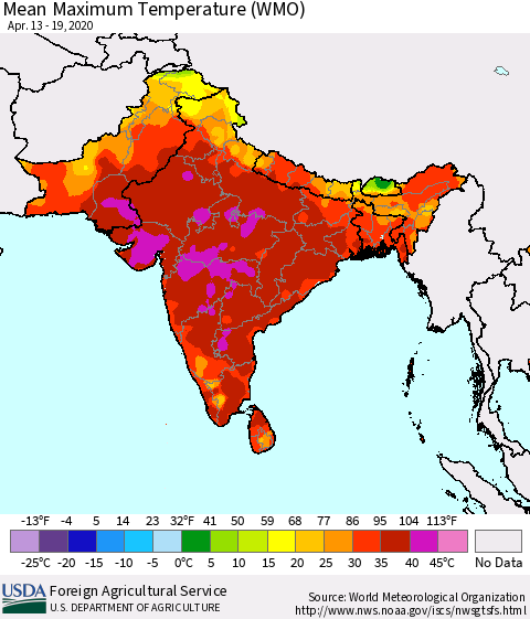 Southern Asia Maximum Temperature (WMO) Thematic Map For 4/13/2020 - 4/19/2020