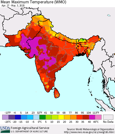 Southern Asia Maximum Temperature (WMO) Thematic Map For 4/27/2020 - 5/3/2020