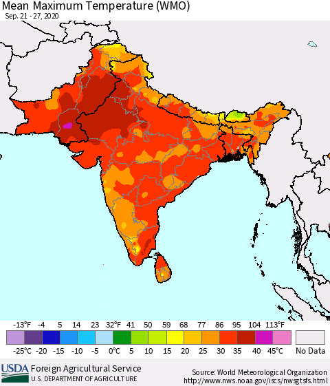 Southern Asia Maximum Temperature (WMO) Thematic Map For 9/21/2020 - 9/27/2020