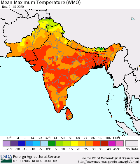 Southern Asia Maximum Temperature (WMO) Thematic Map For 11/9/2020 - 11/15/2020