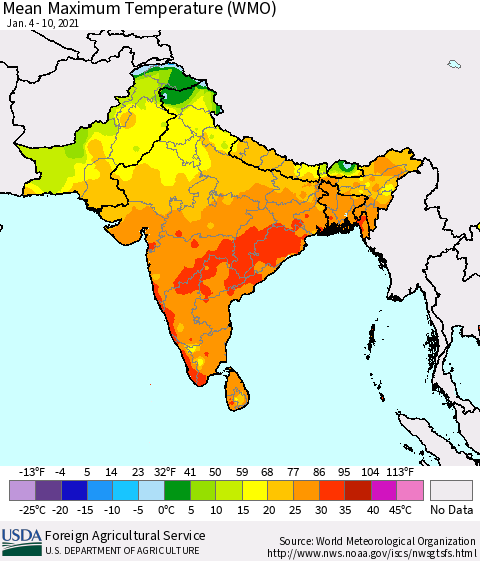 Southern Asia Maximum Temperature (WMO) Thematic Map For 1/4/2021 - 1/10/2021