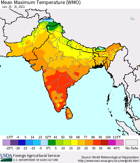 Southern Asia Maximum Temperature (WMO) Thematic Map For 1/25/2021 - 1/31/2021
