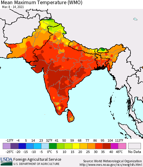 Southern Asia Maximum Temperature (WMO) Thematic Map For 3/8/2021 - 3/14/2021
