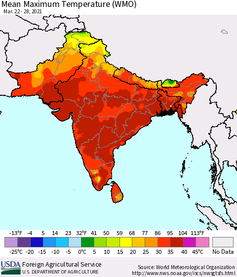 Southern Asia Maximum Temperature (WMO) Thematic Map For 3/22/2021 - 3/28/2021