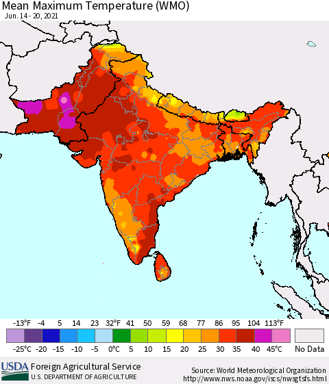 Southern Asia Maximum Temperature (WMO) Thematic Map For 6/14/2021 - 6/20/2021