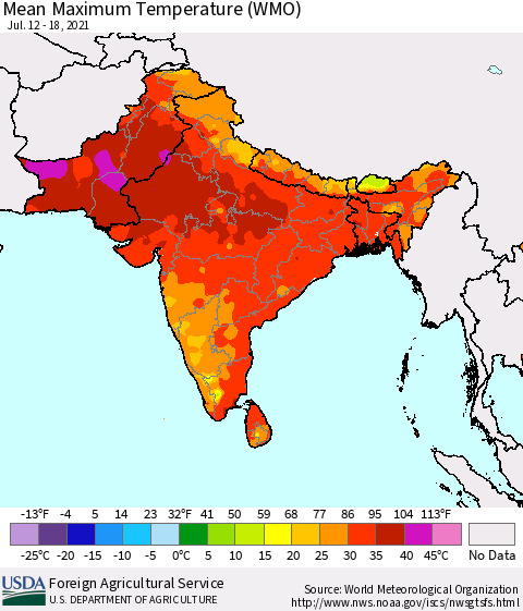 Southern Asia Maximum Temperature (WMO) Thematic Map For 7/12/2021 - 7/18/2021