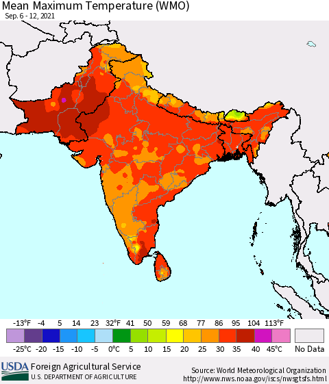 Southern Asia Maximum Temperature (WMO) Thematic Map For 9/6/2021 - 9/12/2021