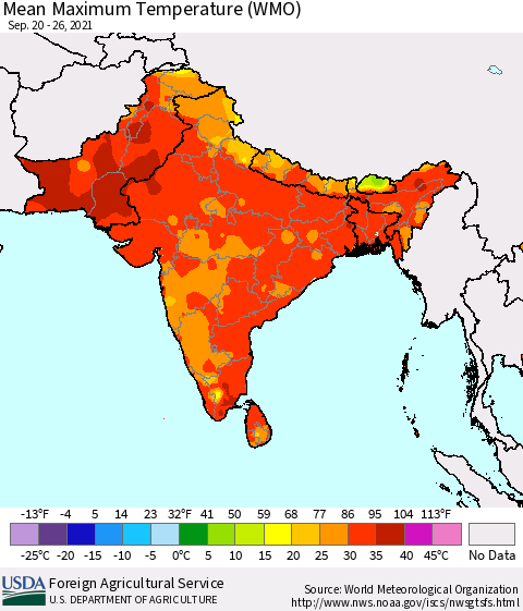 Southern Asia Maximum Temperature (WMO) Thematic Map For 9/20/2021 - 9/26/2021