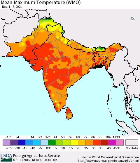 Southern Asia Maximum Temperature (WMO) Thematic Map For 11/1/2021 - 11/7/2021