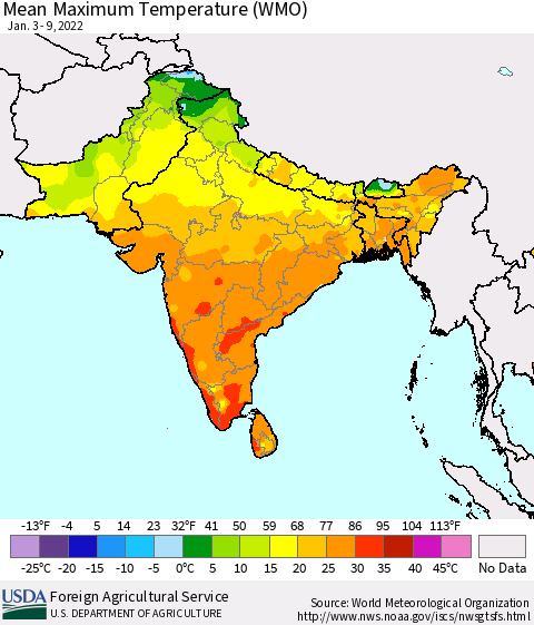 Southern Asia Maximum Temperature (WMO) Thematic Map For 1/3/2022 - 1/9/2022