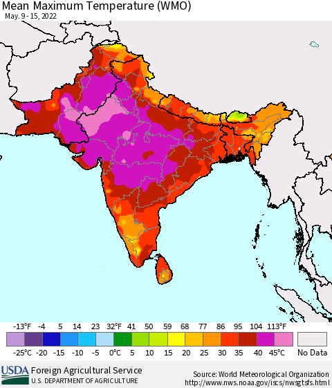 Southern Asia Maximum Temperature (WMO) Thematic Map For 5/9/2022 - 5/15/2022