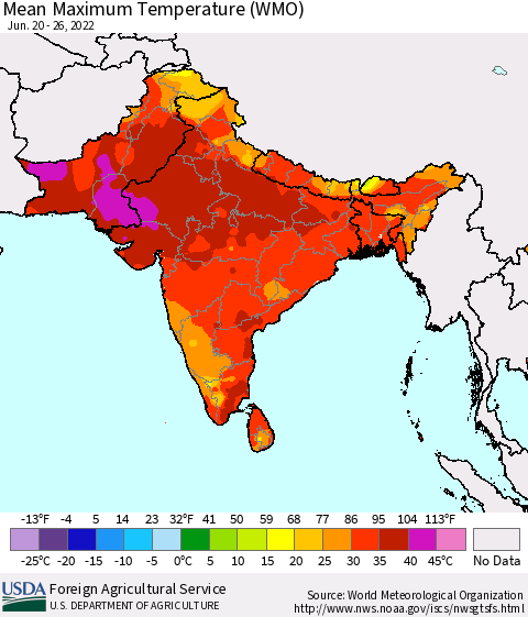 Southern Asia Maximum Temperature (WMO) Thematic Map For 6/20/2022 - 6/26/2022