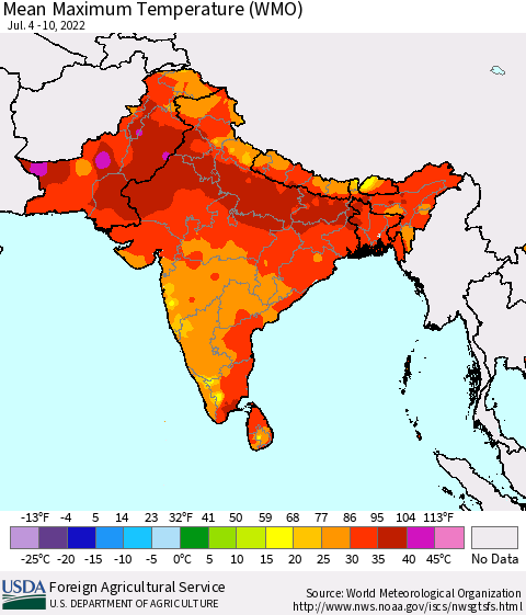 Southern Asia Maximum Temperature (WMO) Thematic Map For 7/4/2022 - 7/10/2022