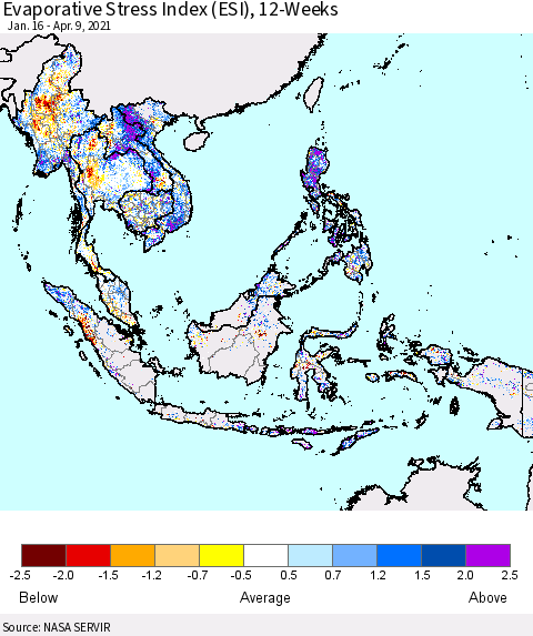 South East Asia Evaporative Stress Index (ESI), 12-Weeks Thematic Map For 4/5/2021 - 4/11/2021
