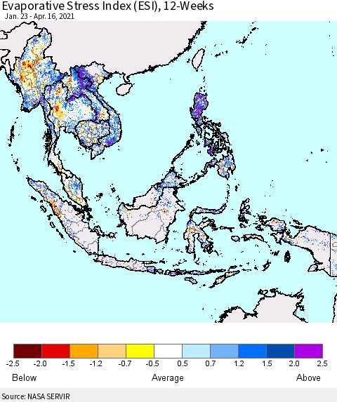 South East Asia Evaporative Stress Index (ESI), 12-Weeks Thematic Map For 4/12/2021 - 4/18/2021