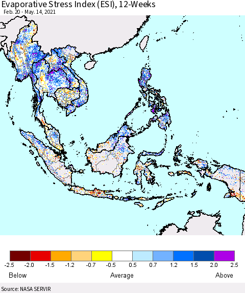 South East Asia Evaporative Stress Index (ESI), 12-Weeks Thematic Map For 5/10/2021 - 5/16/2021