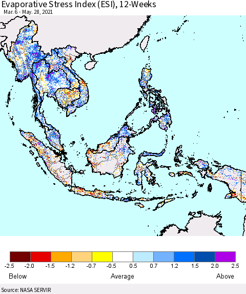 South East Asia Evaporative Stress Index (ESI), 12-Weeks Thematic Map For 5/24/2021 - 5/30/2021