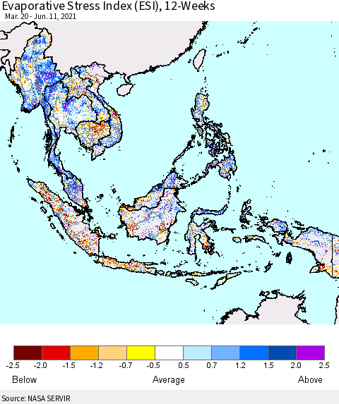South East Asia Evaporative Stress Index (ESI), 12-Weeks Thematic Map For 6/7/2021 - 6/13/2021