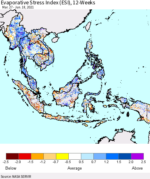 South East Asia Evaporative Stress Index (ESI), 12-Weeks Thematic Map For 6/14/2021 - 6/20/2021