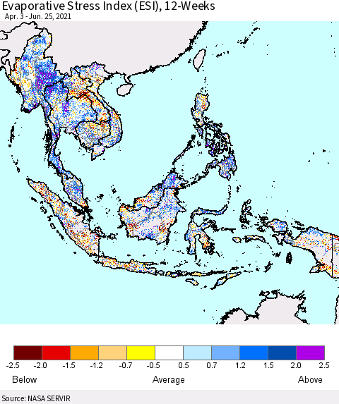 South East Asia Evaporative Stress Index (ESI), 12-Weeks Thematic Map For 6/21/2021 - 6/27/2021
