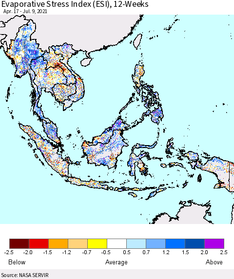 South East Asia Evaporative Stress Index (ESI), 12-Weeks Thematic Map For 7/5/2021 - 7/11/2021