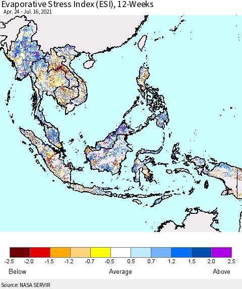 South East Asia Evaporative Stress Index (ESI), 12-Weeks Thematic Map For 7/12/2021 - 7/18/2021