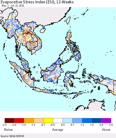 South East Asia Evaporative Stress Index (ESI), 12-Weeks Thematic Map For 7/19/2021 - 7/25/2021