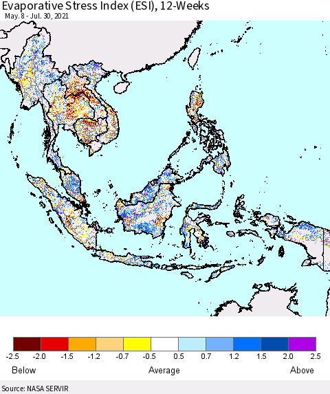 South East Asia Evaporative Stress Index (ESI), 12-Weeks Thematic Map For 7/26/2021 - 8/1/2021