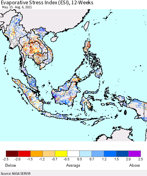 South East Asia Evaporative Stress Index (ESI), 12-Weeks Thematic Map For 8/2/2021 - 8/8/2021