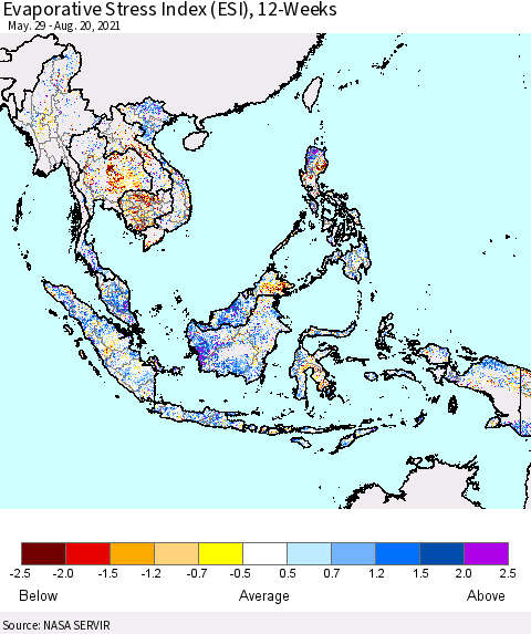 South East Asia Evaporative Stress Index (ESI), 12-Weeks Thematic Map For 8/16/2021 - 8/22/2021