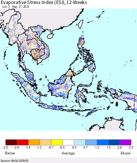South East Asia Evaporative Stress Index (ESI), 12-Weeks Thematic Map For 8/23/2021 - 8/29/2021