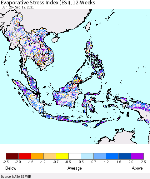 South East Asia Evaporative Stress Index (ESI), 12-Weeks Thematic Map For 9/13/2021 - 9/19/2021