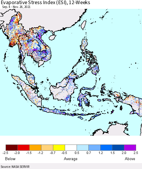 South East Asia Evaporative Stress Index (ESI), 12-Weeks Thematic Map For 11/22/2021 - 11/28/2021