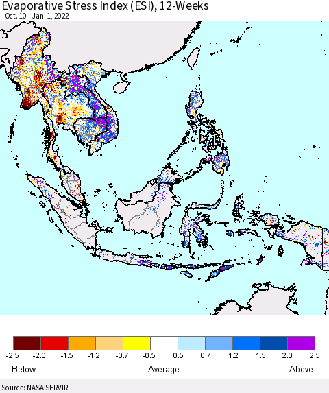 South East Asia Evaporative Stress Index (ESI), 12-Weeks Thematic Map For 12/27/2021 - 1/2/2022