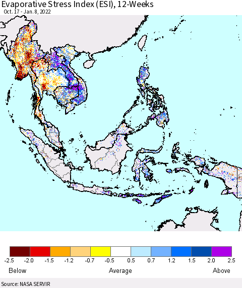 South East Asia Evaporative Stress Index (ESI), 12-Weeks Thematic Map For 1/3/2022 - 1/9/2022