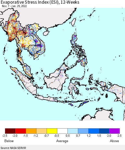 South East Asia Evaporative Stress Index (ESI), 12-Weeks Thematic Map For 1/24/2022 - 1/30/2022