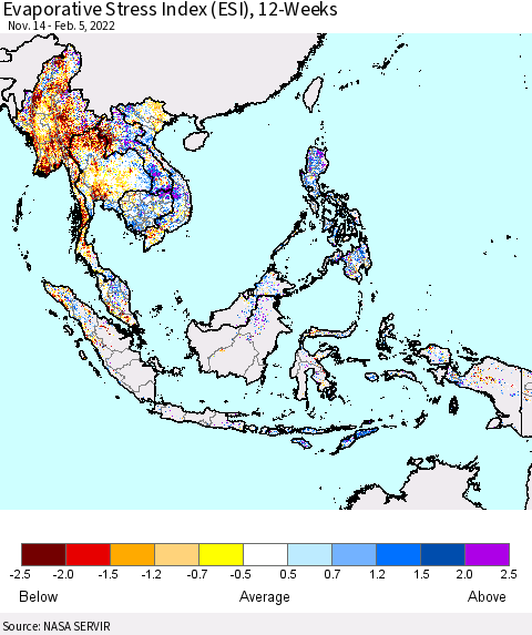 South East Asia Evaporative Stress Index (ESI), 12-Weeks Thematic Map For 1/31/2022 - 2/6/2022