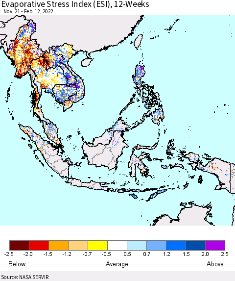 South East Asia Evaporative Stress Index (ESI), 12-Weeks Thematic Map For 2/7/2022 - 2/13/2022