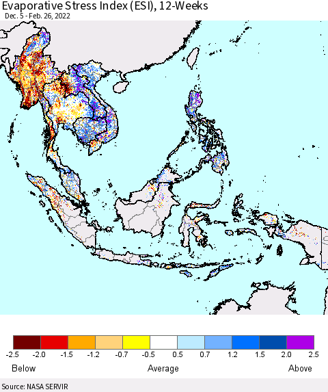South East Asia Evaporative Stress Index (ESI), 12-Weeks Thematic Map For 2/21/2022 - 2/27/2022