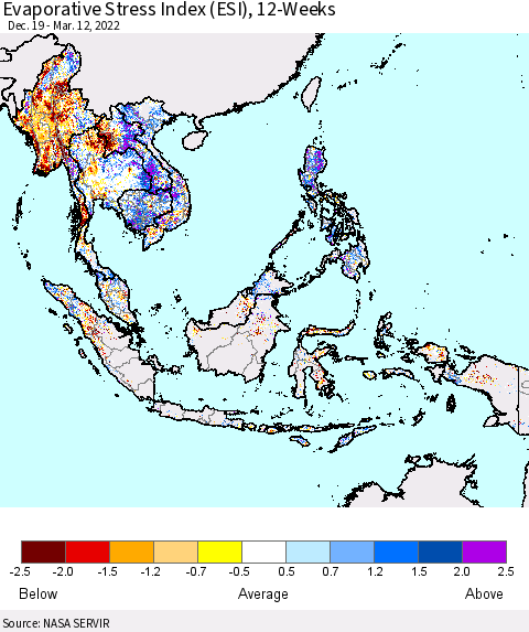 South East Asia Evaporative Stress Index (ESI), 12-Weeks Thematic Map For 3/7/2022 - 3/13/2022