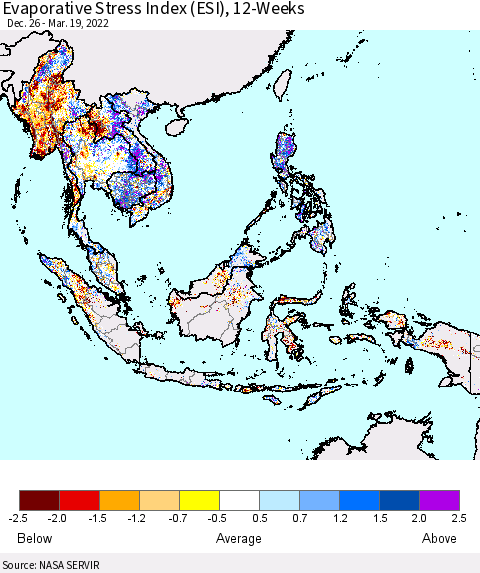 South East Asia Evaporative Stress Index (ESI), 12-Weeks Thematic Map For 3/14/2022 - 3/20/2022