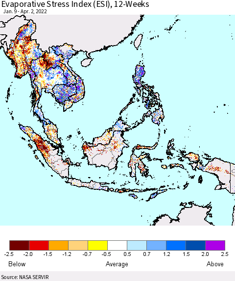 South East Asia Evaporative Stress Index (ESI), 12-Weeks Thematic Map For 3/28/2022 - 4/3/2022