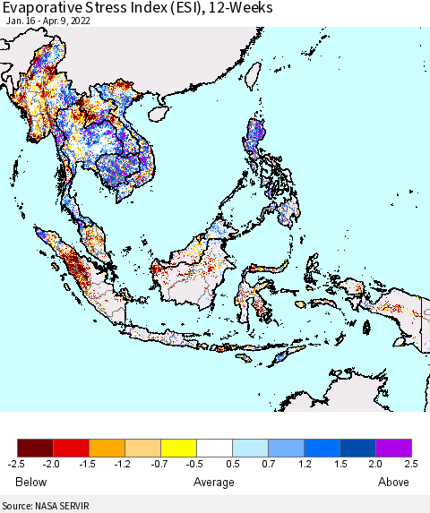 South East Asia Evaporative Stress Index (ESI), 12-Weeks Thematic Map For 4/4/2022 - 4/10/2022