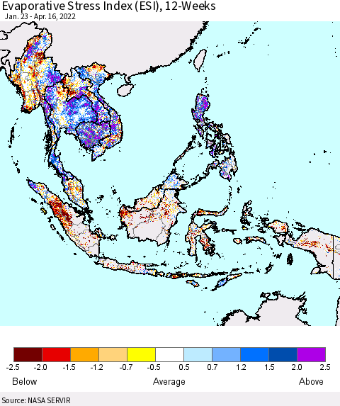 South East Asia Evaporative Stress Index (ESI), 12-Weeks Thematic Map For 4/11/2022 - 4/17/2022
